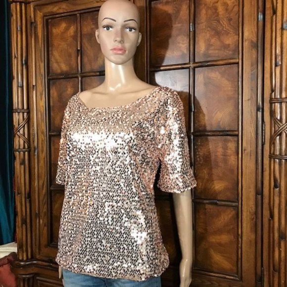 Rose Gold Sequin Bateau NeckTop - Picture 2 of 12
